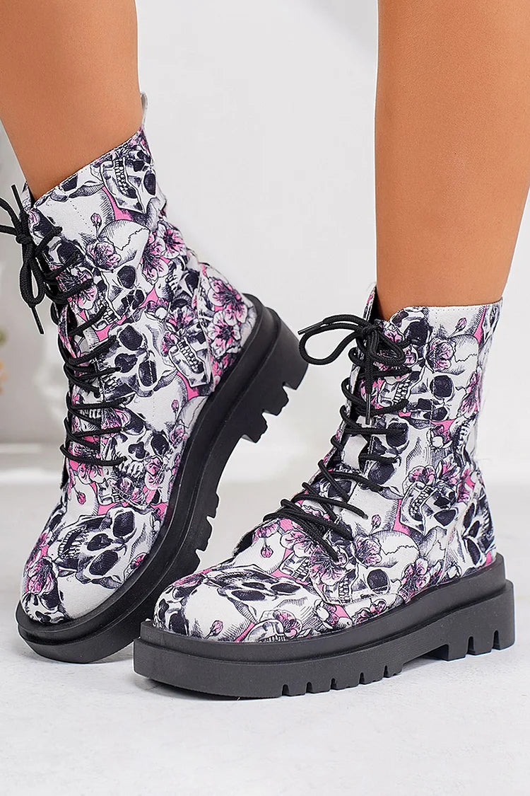 Bequeme Schnürstiefeletten mit runder Zehenpartie und Blumen-Schädel-Muster