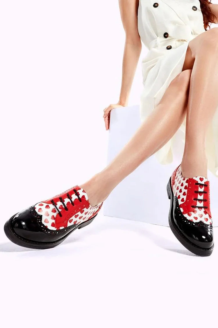 Pre-Order: Heart Print Colorblock Round Toe Black Oxfords