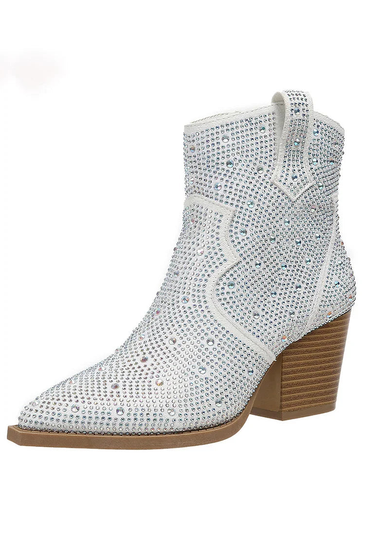 Stiefeletten mit Strassverzierungen, Patchwork-Reißverschluss und spitzem Zehenbereich