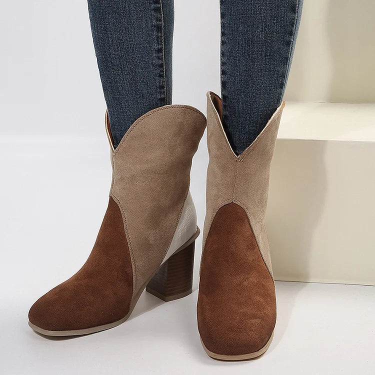 Farbblock-Stiefel mit V-Rillen, runder Zehenpartie und klobigem Absatz bis zur Wadenmitte
