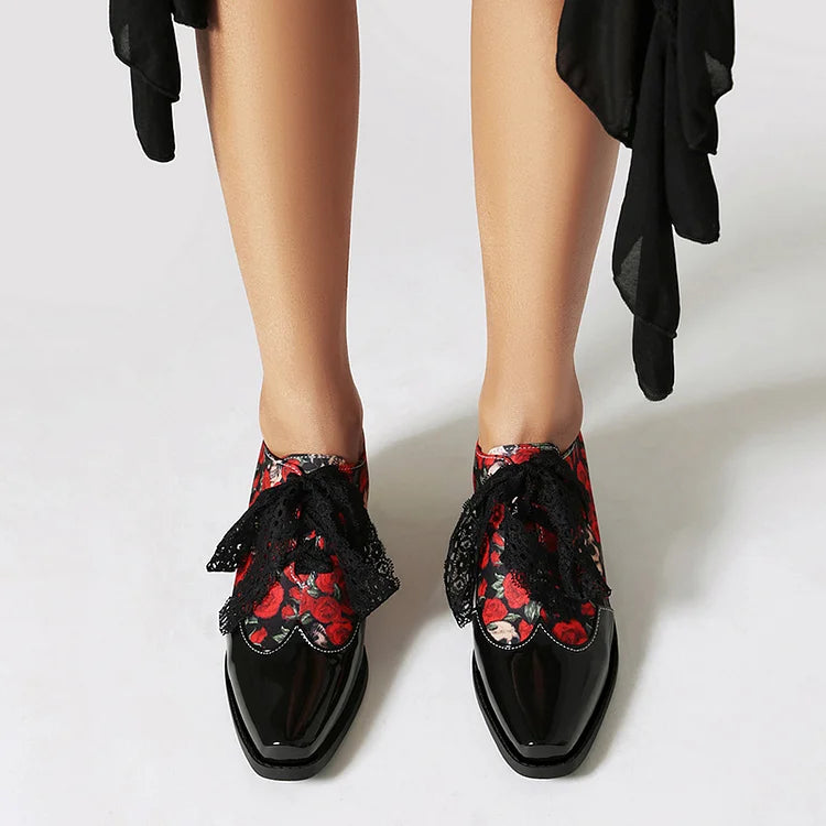 Leopardenmuster-Oxford-Schuhe mit Patchwork, quadratischer Zehenpartie und klobigem Absatz