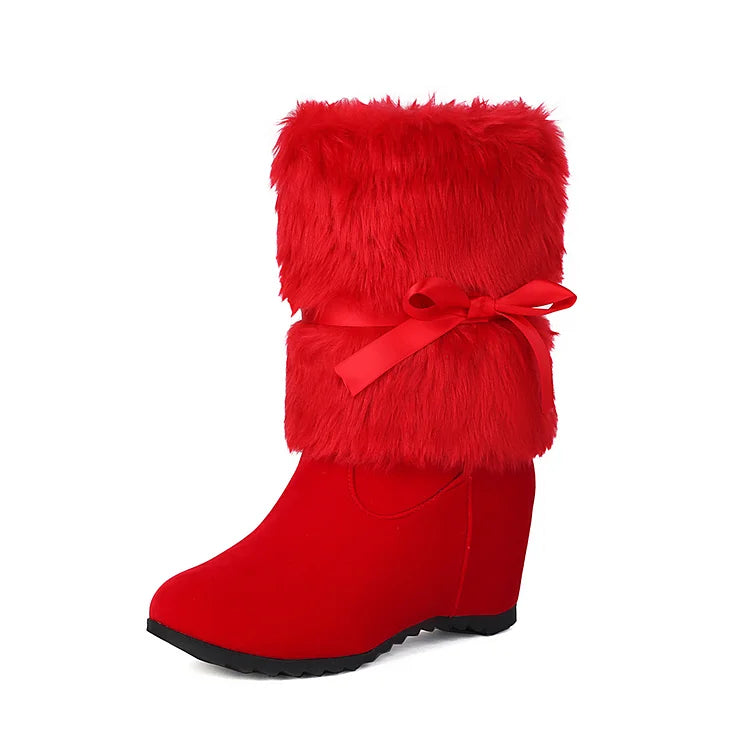 Flauschige, weihnachtliche Stiefel mit runder Zehenpartie, Keilabsatz und Schleifenbindung