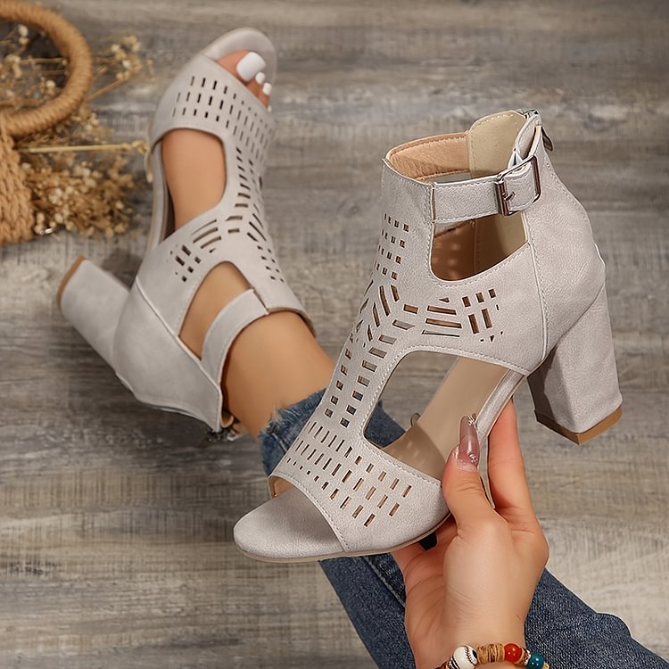 Schick Ausgehöhlte Knöchelriemen Peeptoe mit Schnalle und Schlichten Klobigen Absätzen