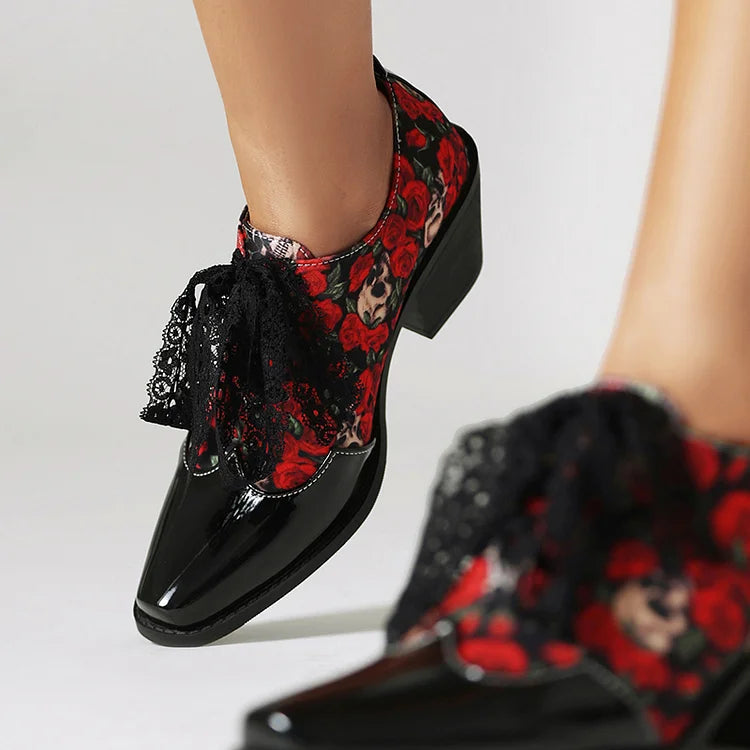 Leopardenmuster-Oxford-Schuhe mit Patchwork, quadratischer Zehenpartie und klobigem Absatz