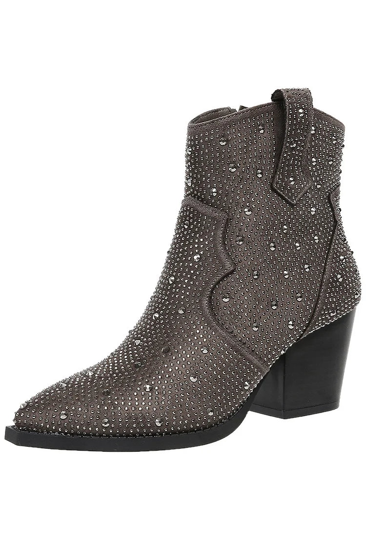 Stiefeletten mit Strassverzierungen, Patchwork-Reißverschluss und spitzem Zehenbereich
