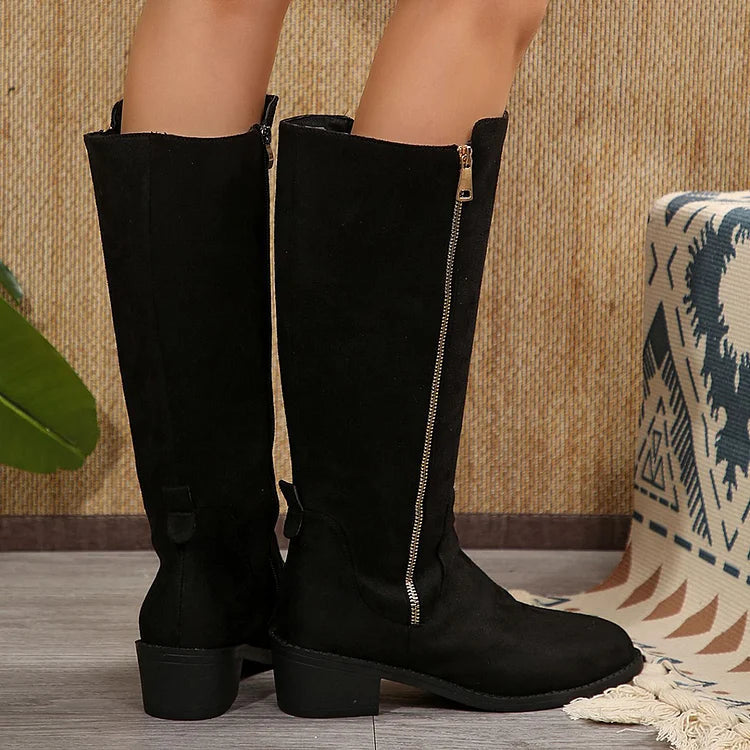 Leopardenmuster Stiefel mit Reißverschluss, spitzer Zehenpartie und klobigem Absatz, mittelhohe Wadenhöhe