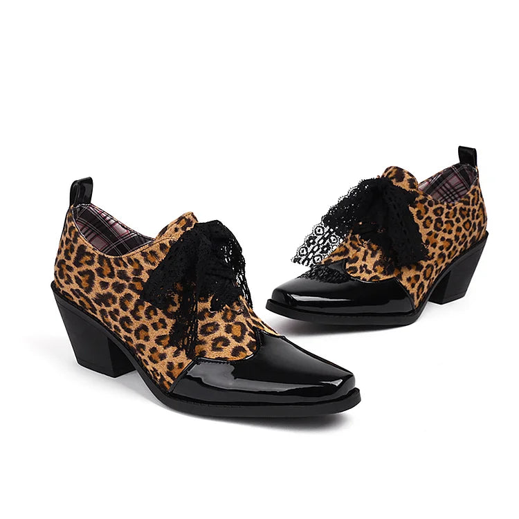 Leopardenmuster-Oxford-Schuhe mit Patchwork, quadratischer Zehenpartie und klobigem Absatz