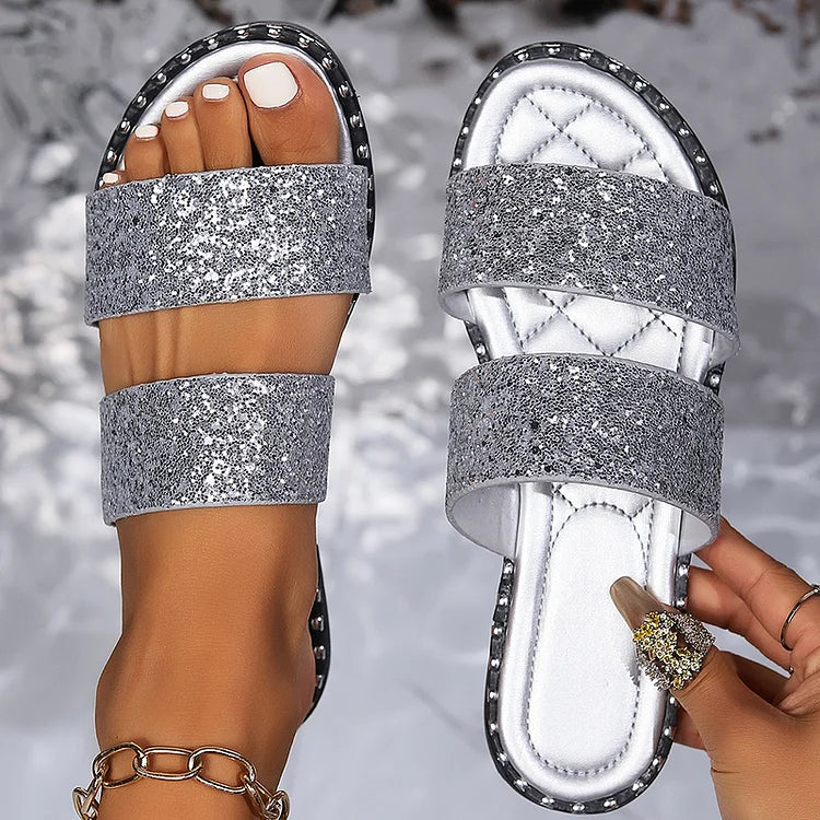 Bequeme, glitzernde Pailletten-Hausschuhe mit doppeltem Riemen und runder Zehenform