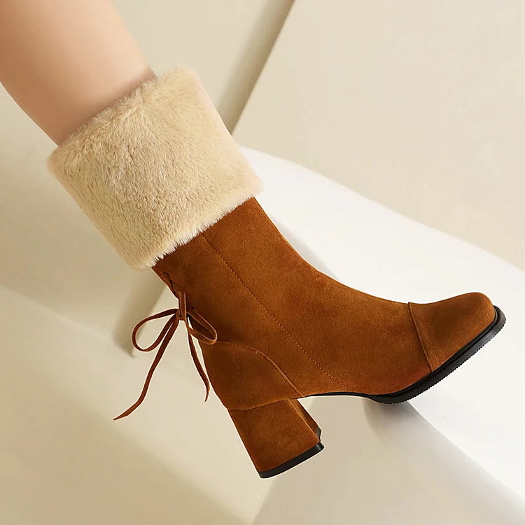 Festliche Farbblock-Stiefel mit kuscheligem Besatz, Schnürung, quadratischer Zehenpartie und robustem Absatz