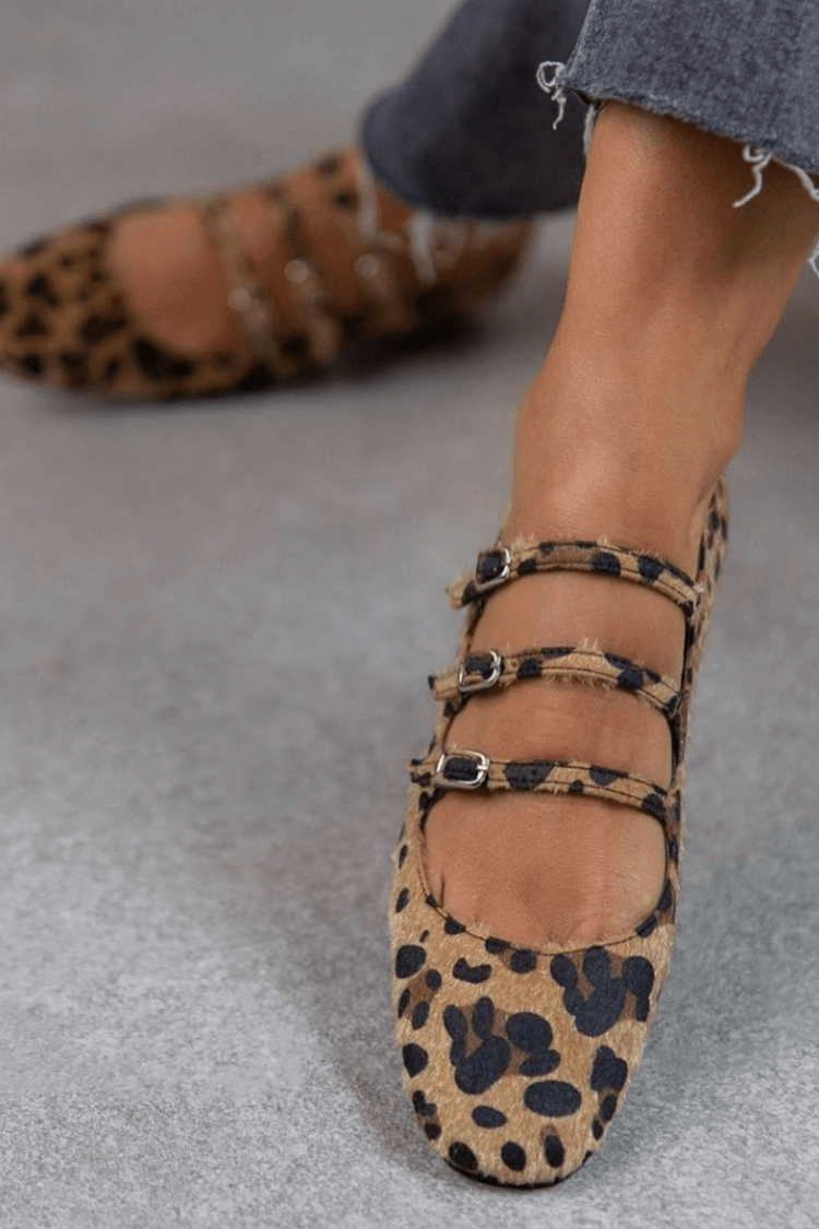Leopardenmuster Mary-Jane-Flats mit dreifacher Schnalle