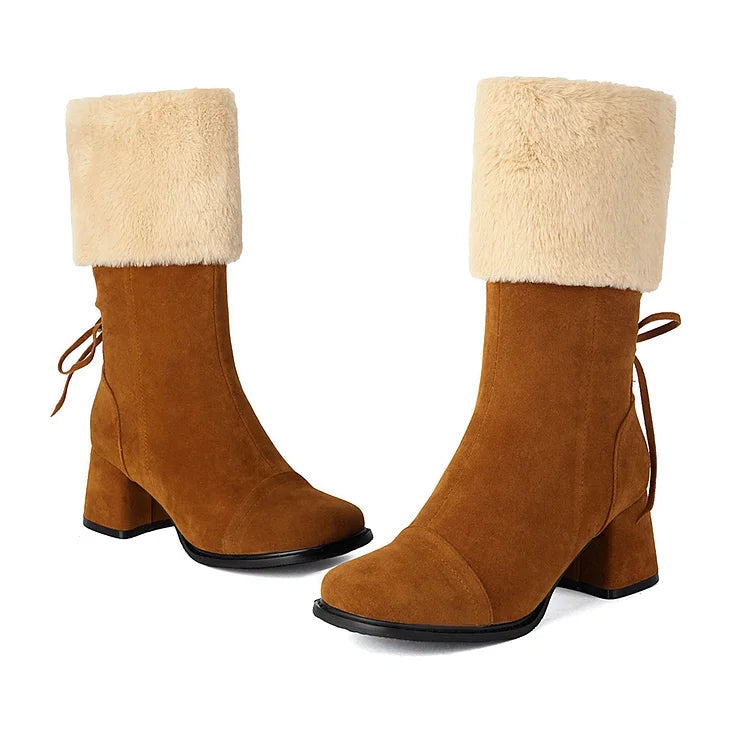 Festliche Farbblock-Stiefel mit kuscheligem Besatz, Schnürung, quadratischer Zehenpartie und robustem Absatz