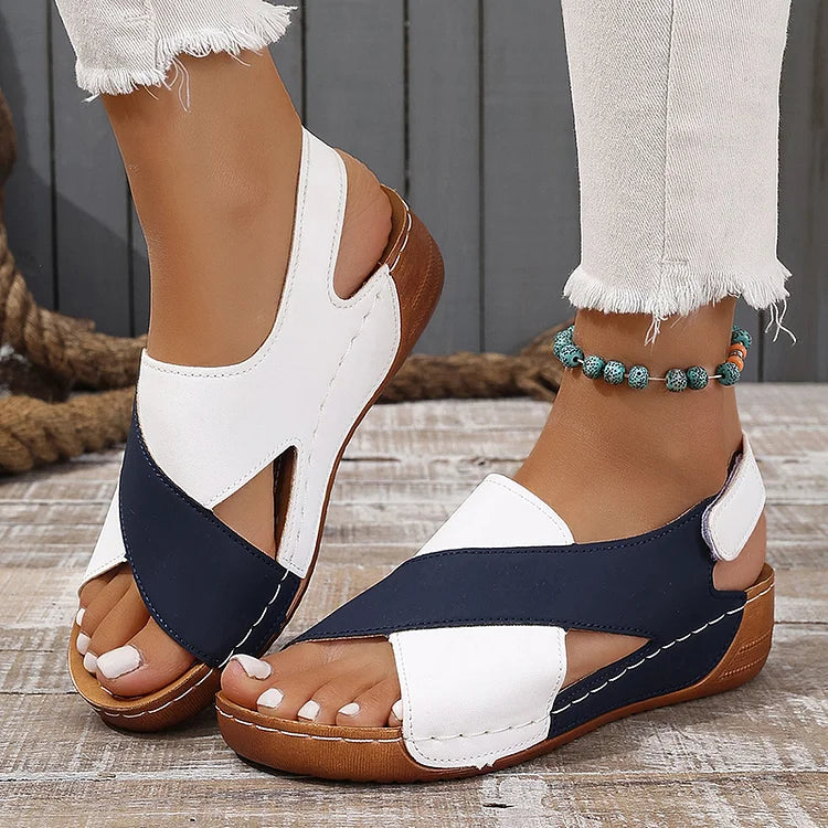 Farbblock Cut-Out Plateau Slingback Sandalen mit Magischem Riemen und Klettverschluss