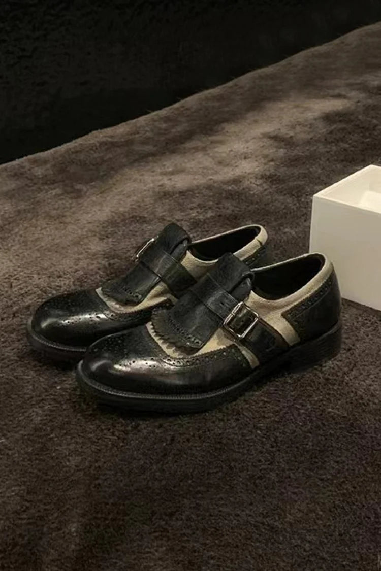 Brogue-Loafer mit Fransen, Patchwork-Riemen und runder Zehenform