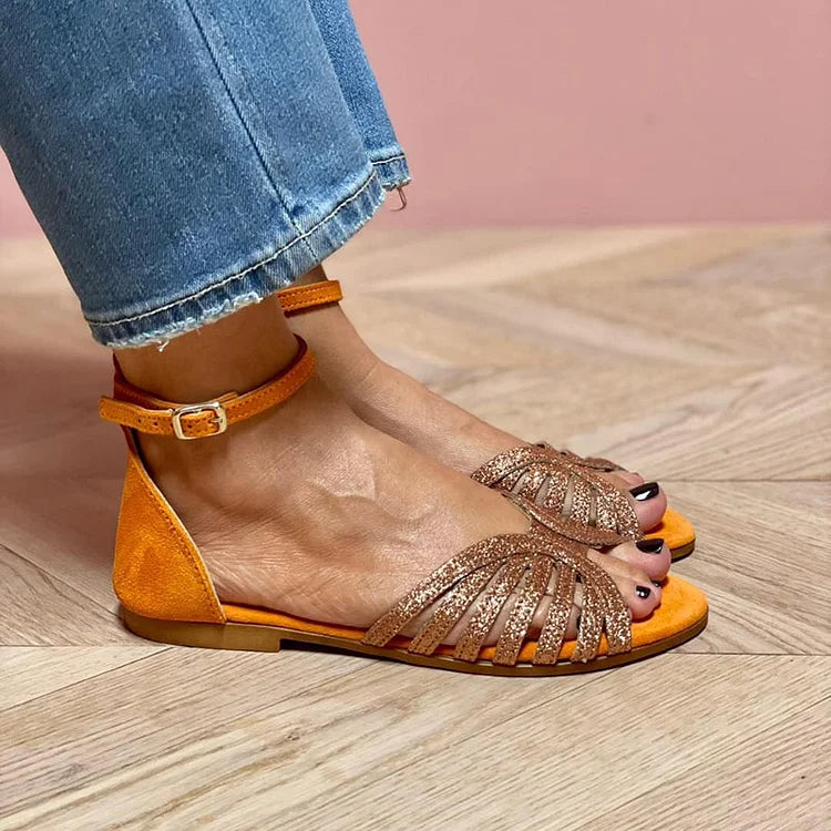 Funkelnde, orange Sandalen mit Knöchelriemen und Schnalle