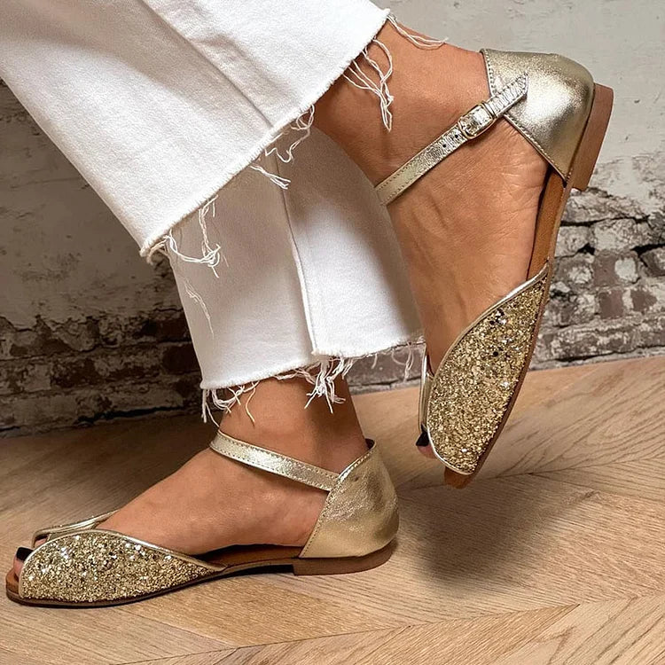 Glänzende Goldene Peep-Toe-Patchwork-Sandalen mit Knöchelriemen und Schnalle