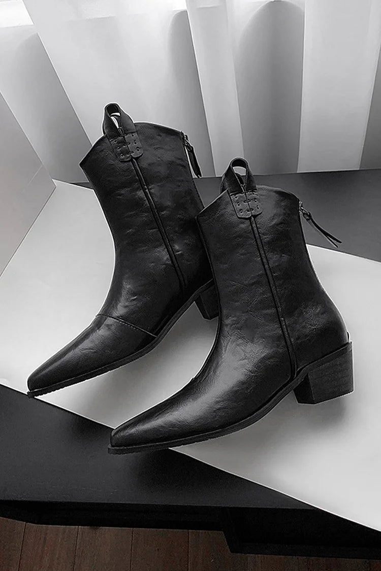 Einfarbige Patchwork-Stiefel mit spitzem Zehenbereich und mittelhohem Schaft