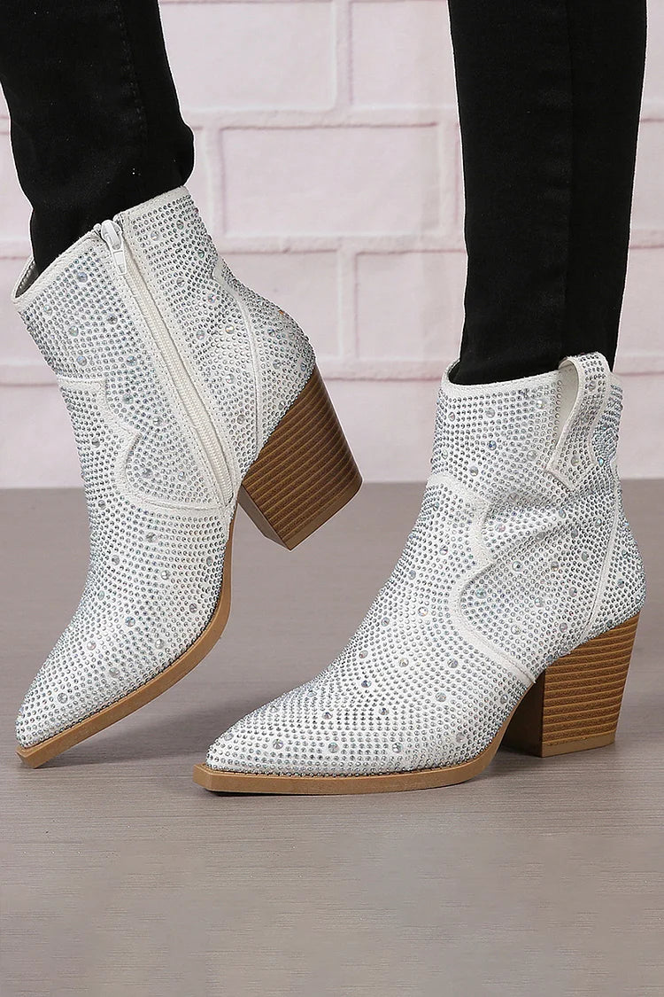 Stiefeletten mit Strassverzierungen, Patchwork-Reißverschluss und spitzem Zehenbereich