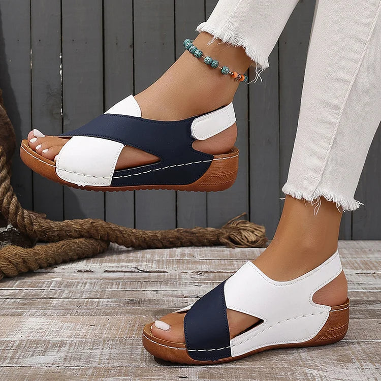 Farbblock Cut-Out Plateau Slingback Sandalen mit Magischem Riemen und Klettverschluss