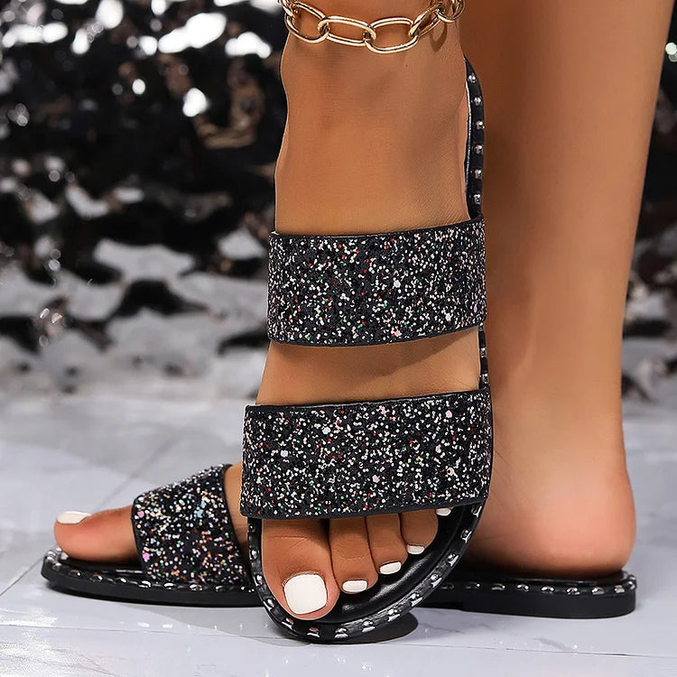 Bequeme, glitzernde Pailletten-Hausschuhe mit doppeltem Riemen und runder Zehenform