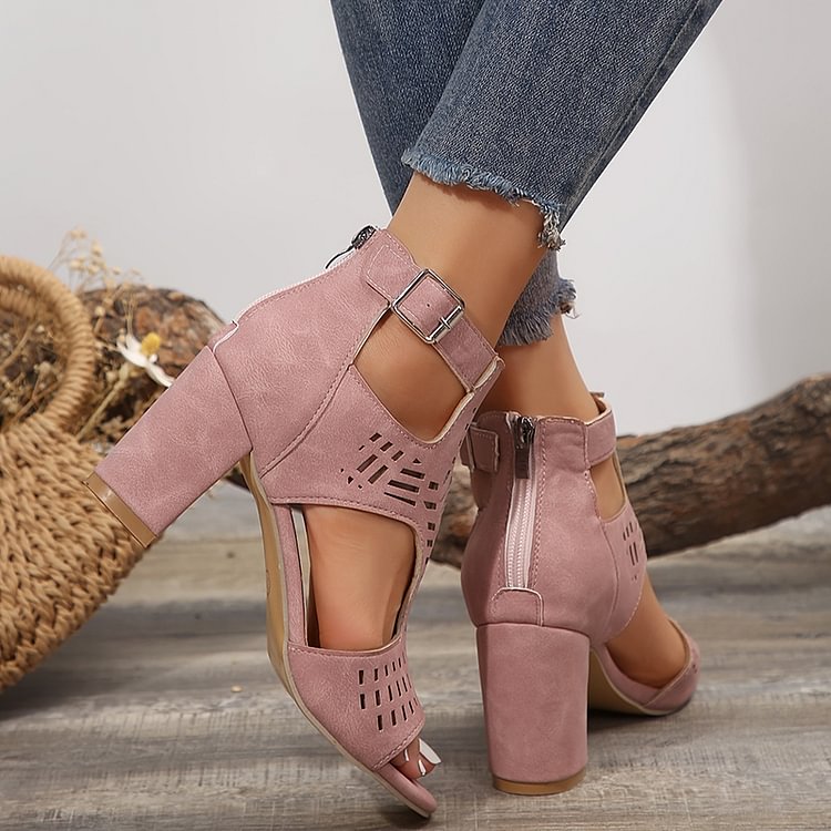 Schick Ausgehöhlte Knöchelriemen Peeptoe mit Schnalle und Schlichten Klobigen Absätzen
