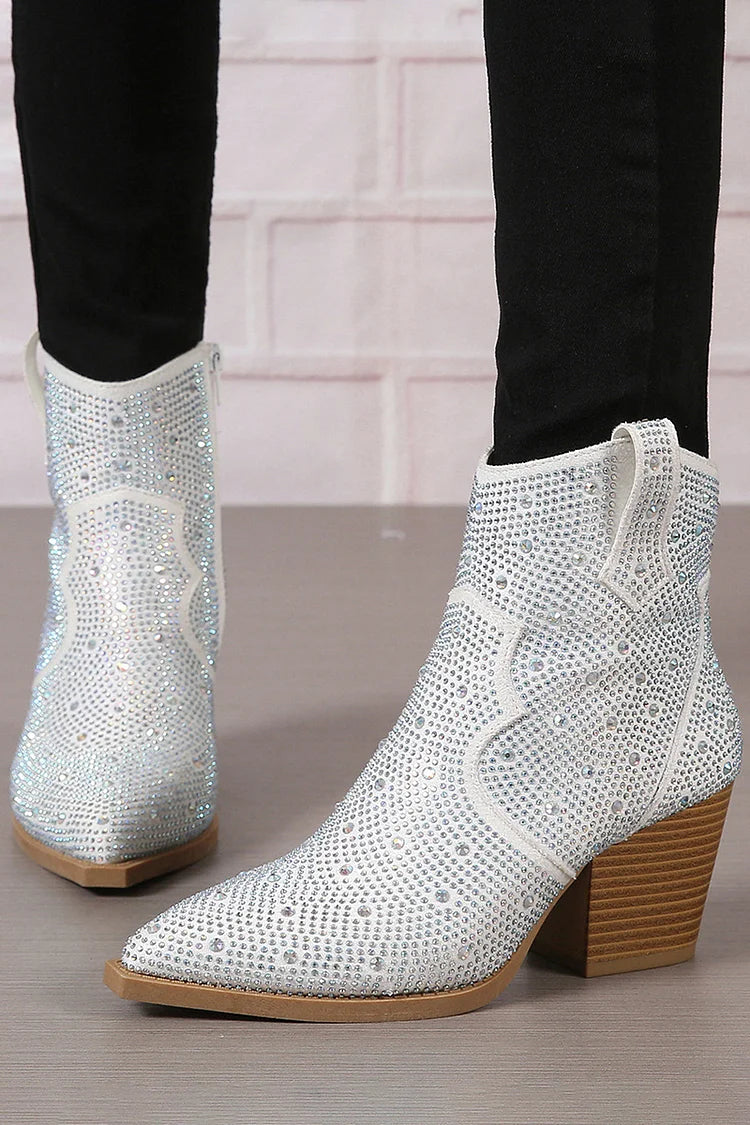 Stiefeletten mit Strassverzierungen, Patchwork-Reißverschluss und spitzem Zehenbereich