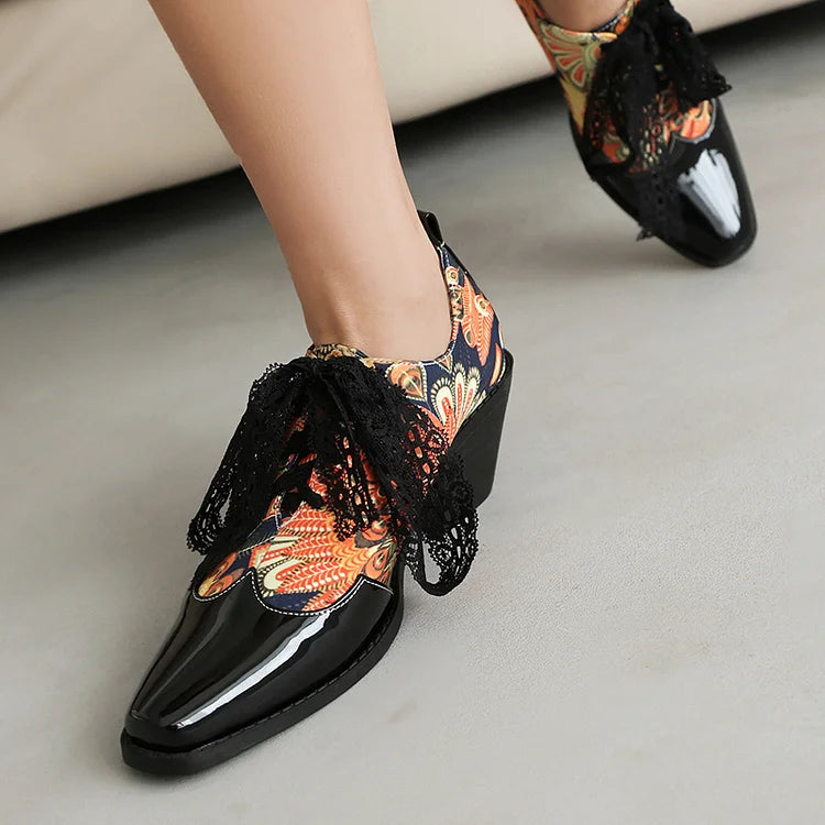 Leopardenmuster-Oxford-Schuhe mit Patchwork, quadratischer Zehenpartie und klobigem Absatz