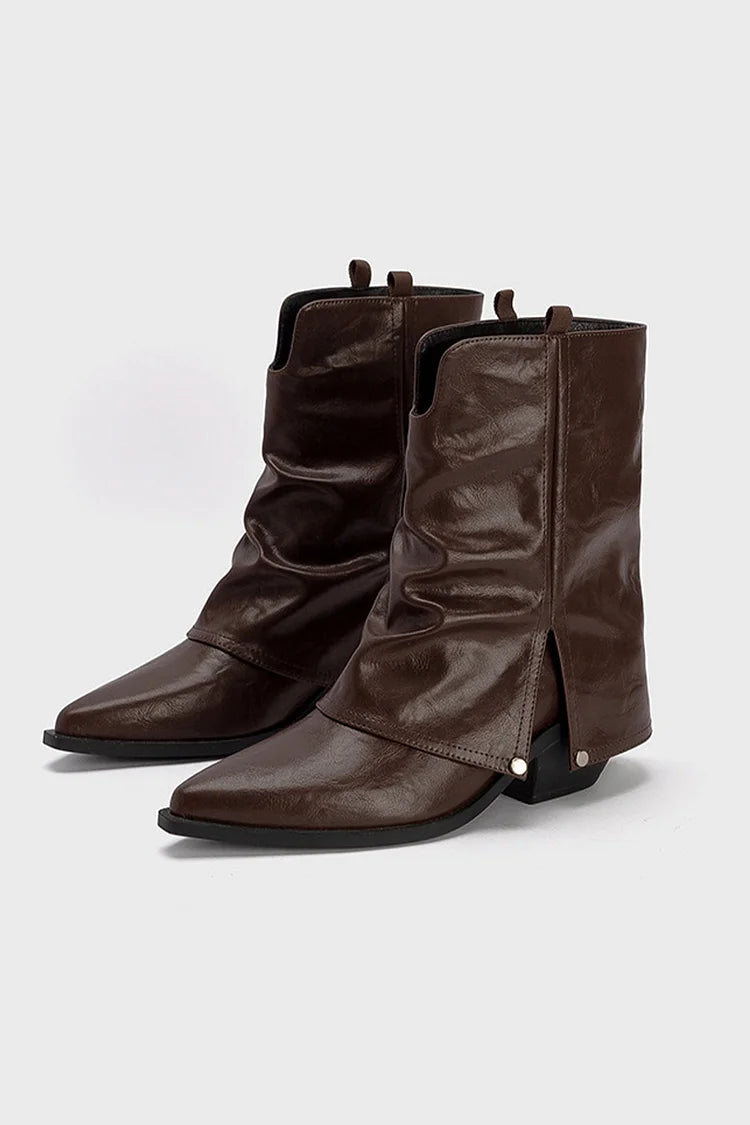 Einfarbige Stiefel mit mittlerer Schafthöhe, spitzem Zehenbereich, Ausschnitt und klobigem Absatz