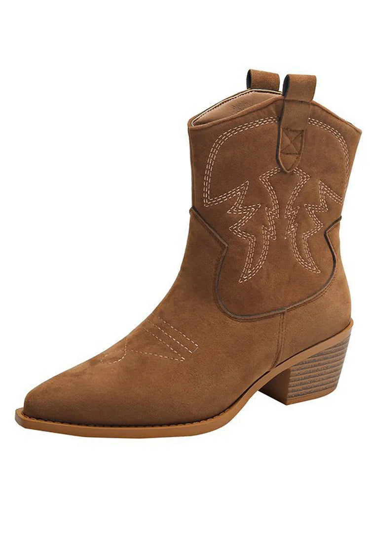 Spitze Stiefeletten mit klobigem Absatz und Patchwork-Stickerei