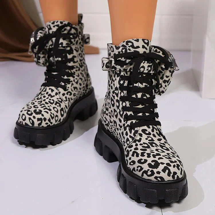 Leopardenmuster Schnürstiefeletten mit Taschendekor und runder Zehenpartie