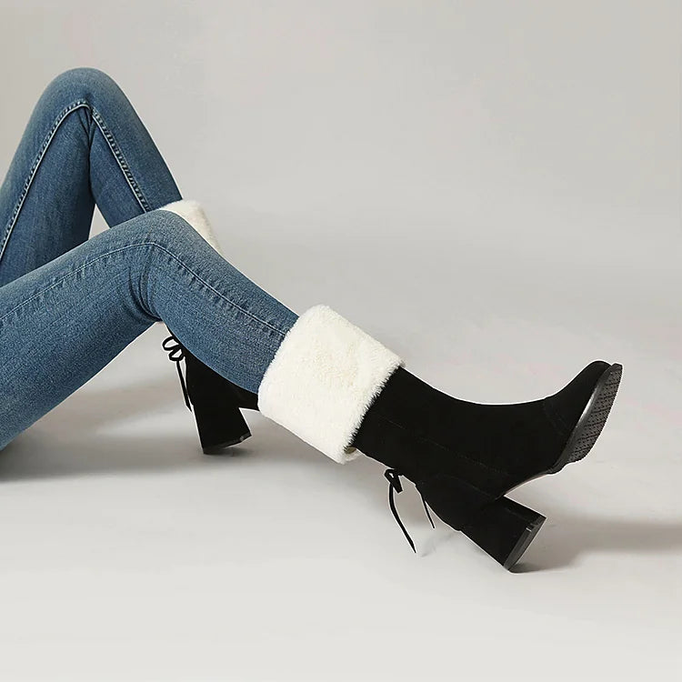Festliche Farbblock-Stiefel mit kuscheligem Besatz, Schnürung, quadratischer Zehenpartie und robustem Absatz