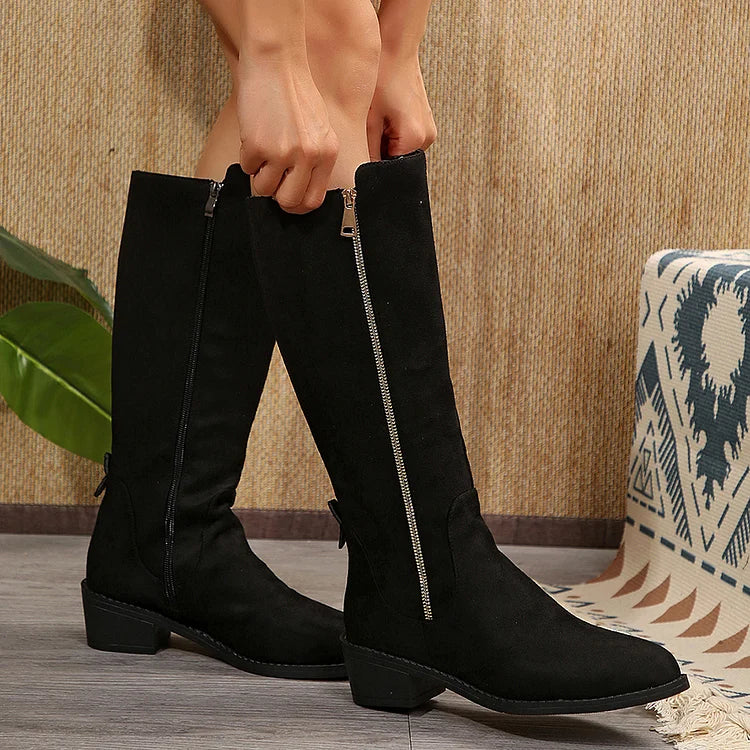 Leopardenmuster Stiefel mit Reißverschluss, spitzer Zehenpartie und klobigem Absatz, mittelhohe Wadenhöhe