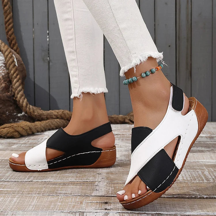 Farbblock Cut-Out Plateau Slingback Sandalen mit Magischem Riemen und Klettverschluss