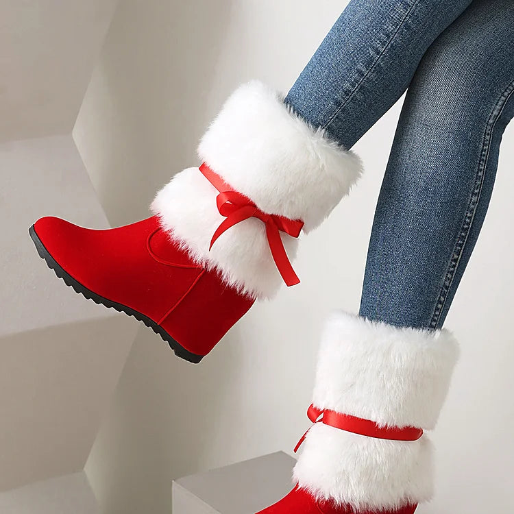Flauschige, weihnachtliche Stiefel mit runder Zehenpartie, Keilabsatz und Schleifenbindung