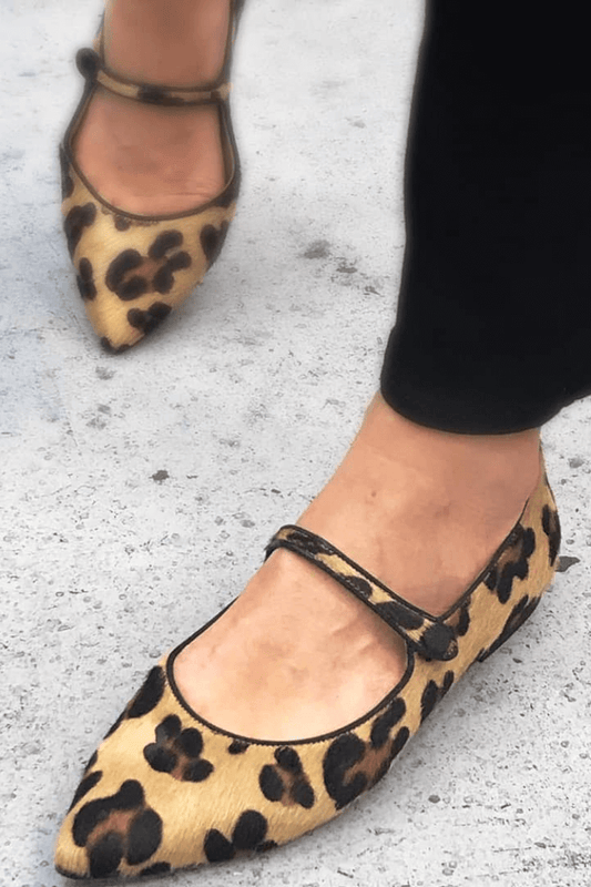 Leopardenmuster Wildlederimitat Ballerinas mit Knöchelriemen