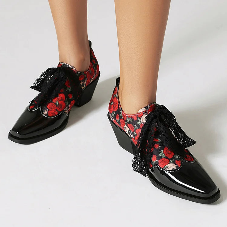 Leopardenmuster-Oxford-Schuhe mit Patchwork, quadratischer Zehenpartie und klobigem Absatz
