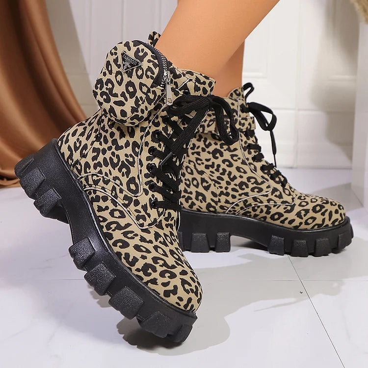 Leopardenmuster Schnürstiefeletten mit Taschendekor und runder Zehenpartie