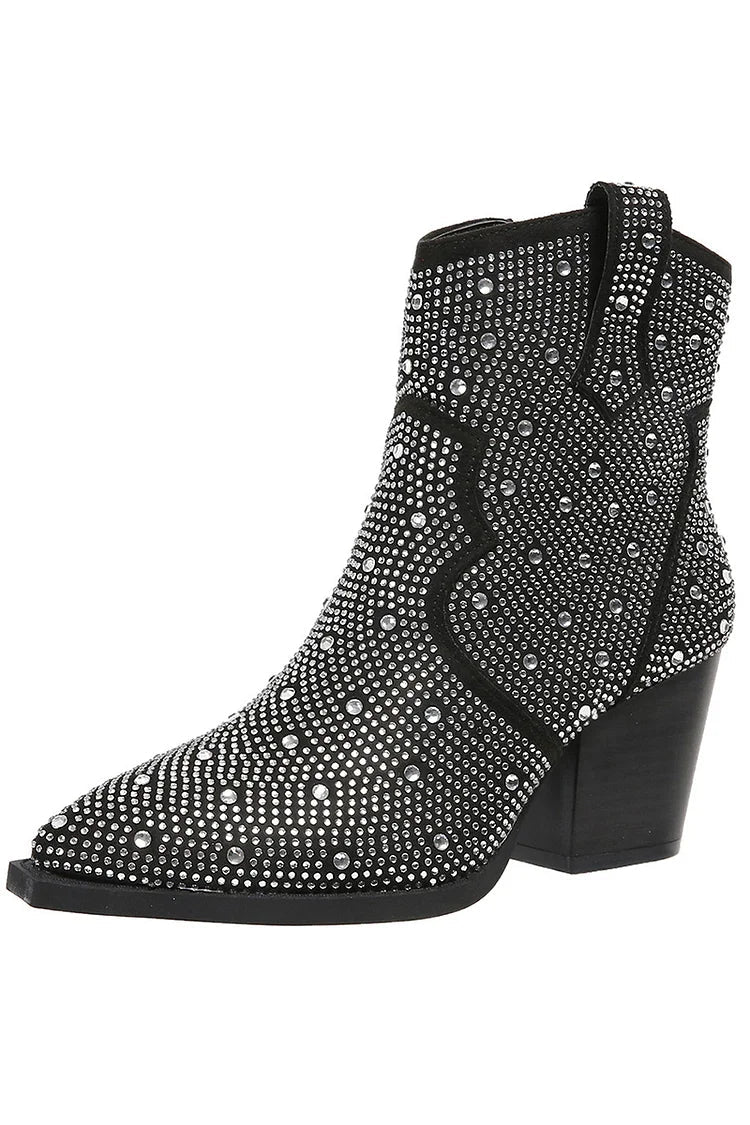Stiefeletten mit Strassverzierungen, Patchwork-Reißverschluss und spitzem Zehenbereich