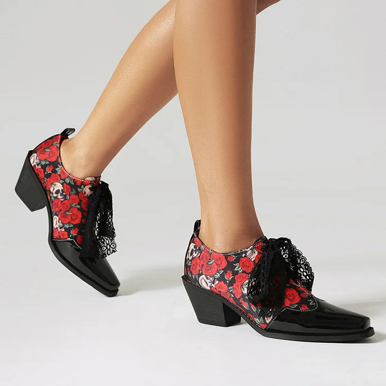 Leopardenmuster-Oxford-Schuhe mit Patchwork, quadratischer Zehenpartie und klobigem Absatz