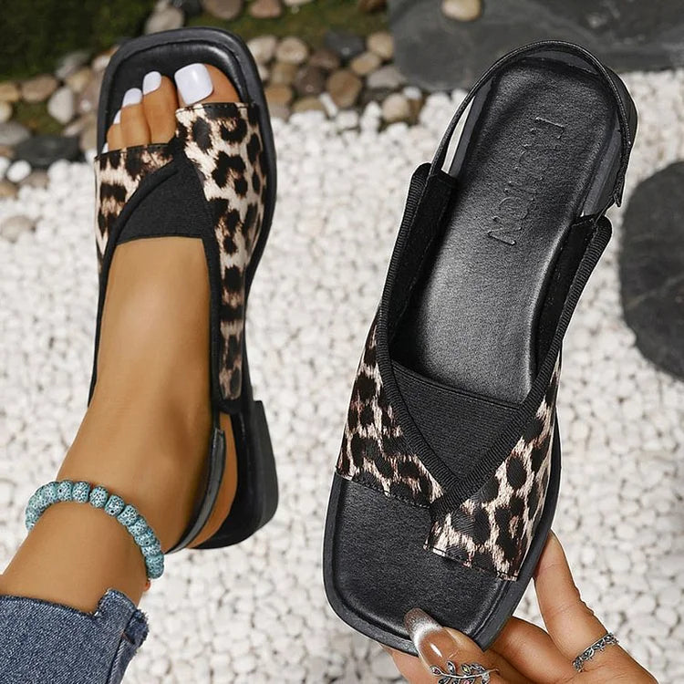Leopardenmuster Slingback-Patchwork-Sandalen mit quadratischer Zehenpartie