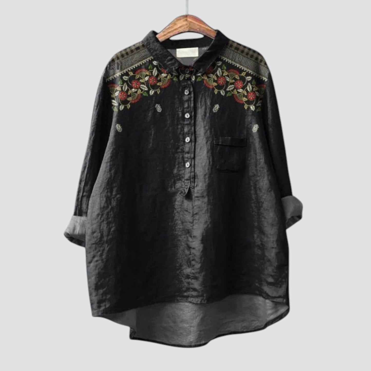 Erika | Schwarze Bluse mit floralen Stickereien