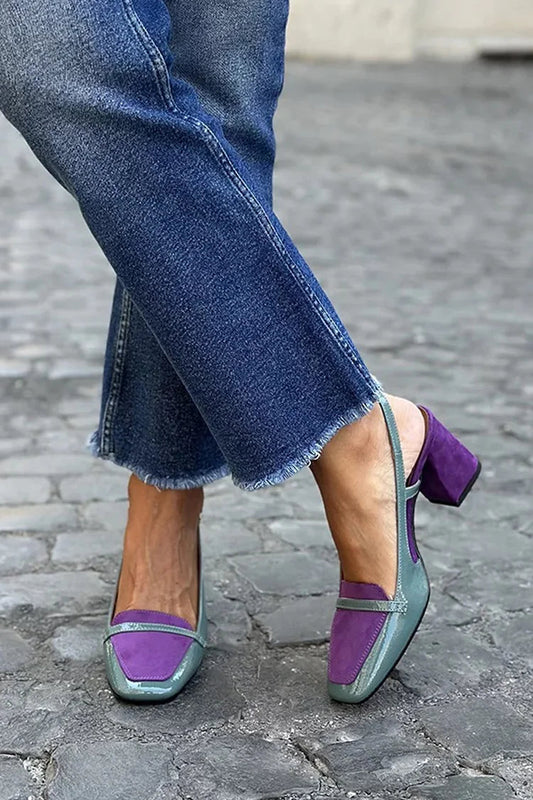 Patchwork Slingback Pumps mit quadratischer Zehenpartie in Lila