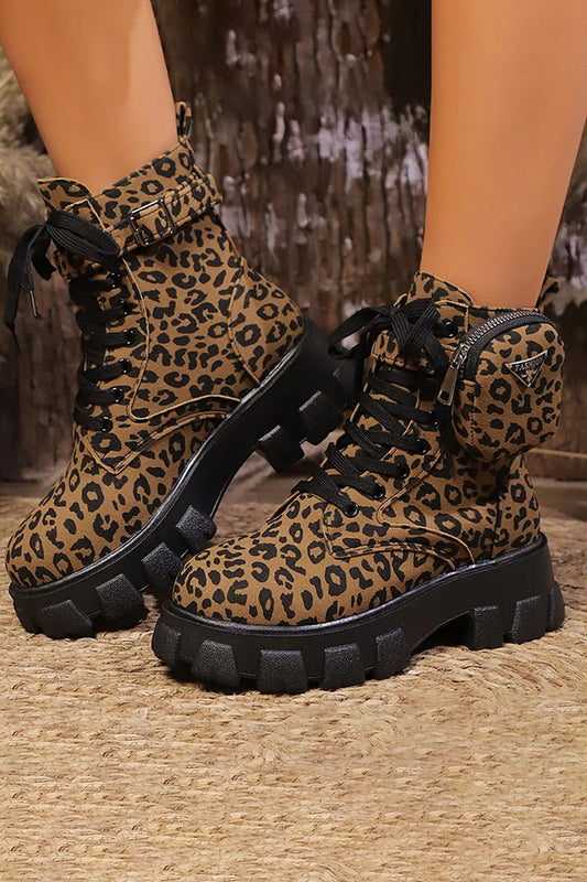 Leopardenmuster Schnürstiefeletten mit Taschendekor und runder Zehenpartie