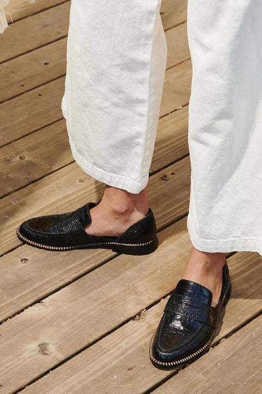 Schwarze Patchwork-Ballerinas mit Krokodilmuster und runder Zehenpartie [Vorbestellung]