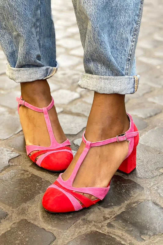 Fuchsiafarbene Chunky Heels mit Ausgehöhltem Farbblock und T-Riemenschnalle