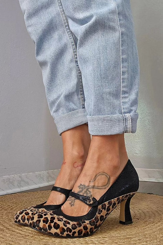 Leopardenmuster Patchwork Riemensandalen mit schwarzen klobigen Absätzen [Vorbestellung]