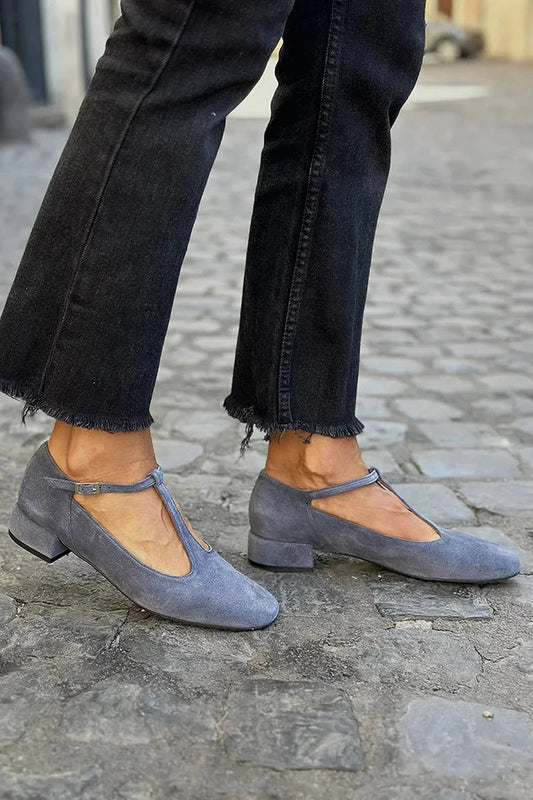 Navy Low Heels with Solid Color T-Strap and Buckle - Pre Order