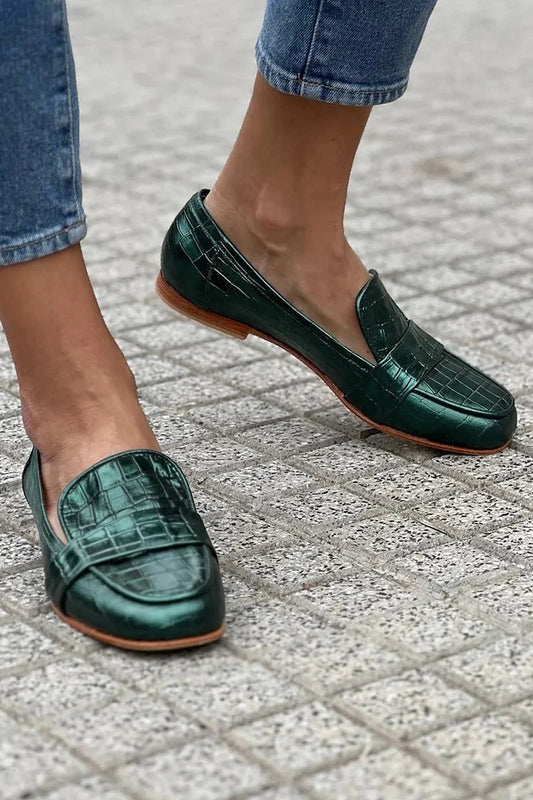 Grüne Slip-On Slipper mit kariertem Muster und quadratischer Zehenpartie