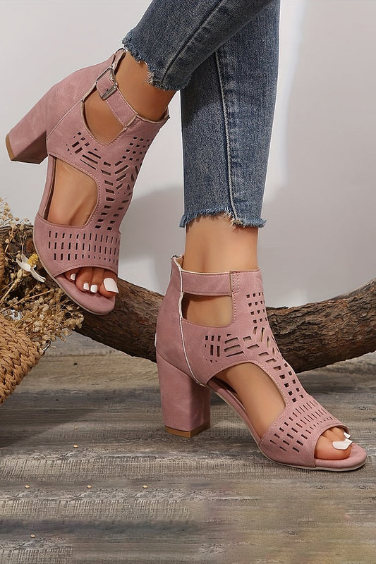 Schick Ausgehöhlte Knöchelriemen Peeptoe mit Schnalle und Schlichten Klobigen Absätzen