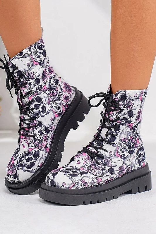 Bequeme Schnürstiefeletten mit runder Zehenpartie und Blumen-Schädel-Muster
