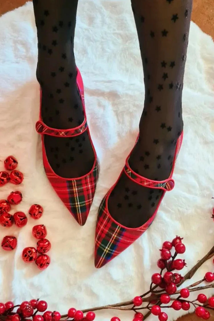 Rote Karierte Flache Schuhe mit Riemen und Schnalle, Spitz zulaufende Zehenpartie [Vorbestellung]